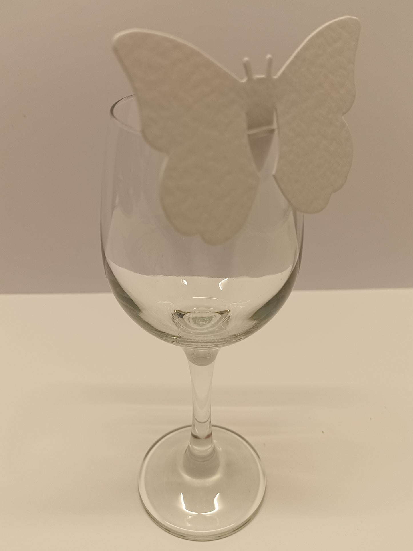 Hammered White Butterfly Wine Glass Wedding Place Cards